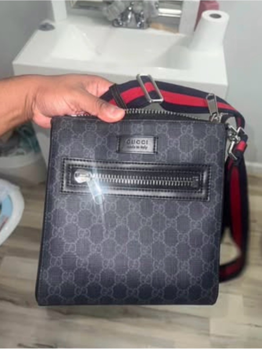 Gucci Black GG Supreme Messenger with Red and Blue Web Strap